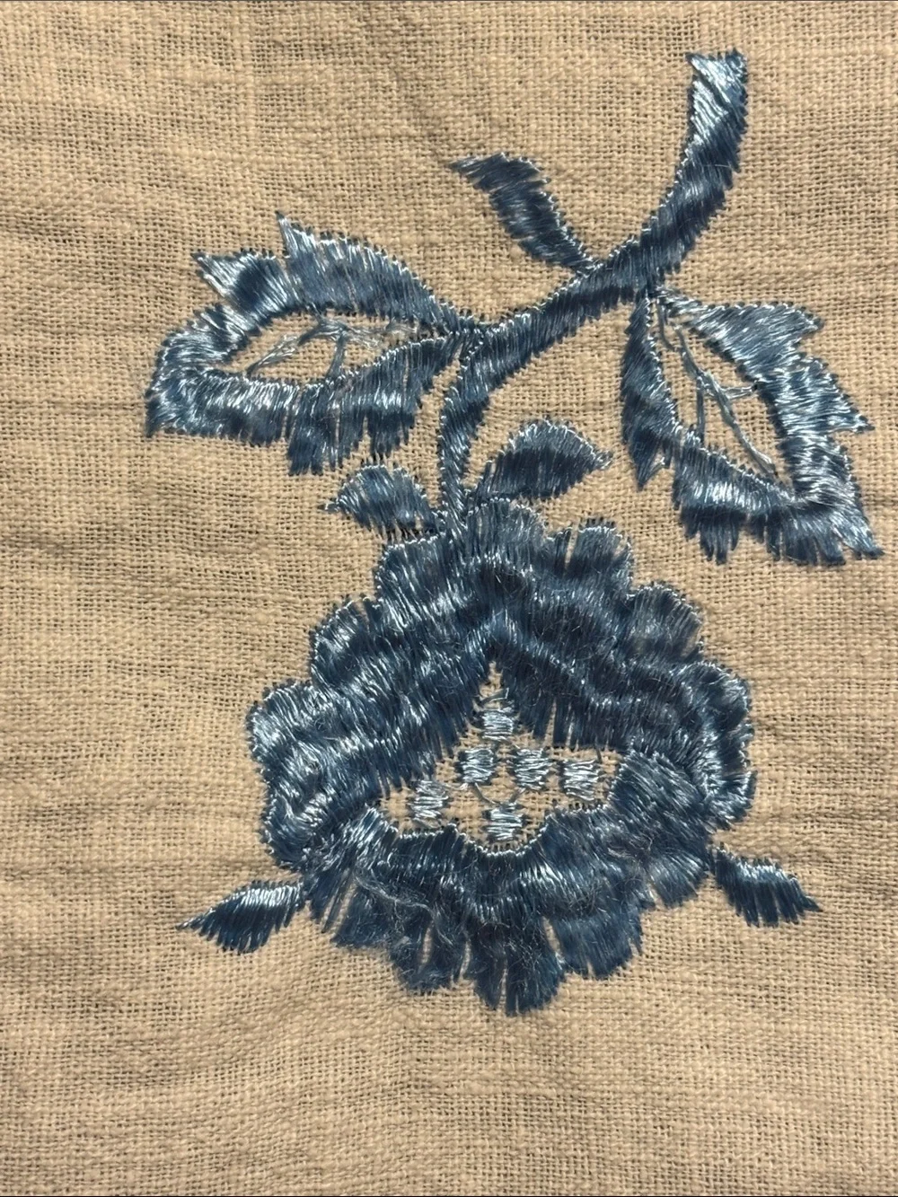 Hand Embroidered Linen Dresser or Table Runner with Blue Rose Motif